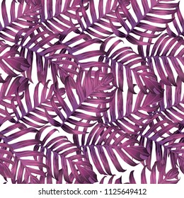 Palm Monstera Seamless Pattern. White Pink Tropical Summer Background. Beach Jungle Leaves for Swimwear Design. Lei Rapport. Vintage Hawaiian Print. Tropic Textile Texture.  Botanic tiling.