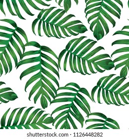 Palm Monstera Seamless Pattern. White Green Tropical Summer Background. Beach Jungle Leaves for Swimwear Design. Lei Rapport. Retro Hawaiian Print. Exotic Texture. Botanic tiling.