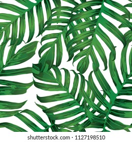 Palm Monstera Seamless Pattern. White Green Tropical Summer Background. Beach Jungle Leaves for Swimwear Design. Lei Rapport. Vintage Hawaiian Print. Tropic Textile Texture.  Botanic tiling.