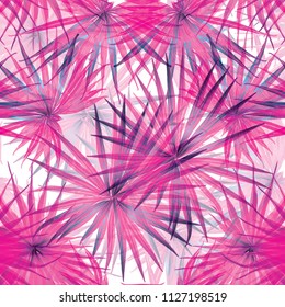 Palm Monstera Seamless Pattern. White Pink Tropical Summer Background. Beach Jungle Leaves for Swimwear Design. Lei Rapport. Retro Hawaiian Print. Tropic Textile Texture.  Botanic tile.