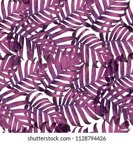 Palm Monstera Seamless Pattern. White Pink Tropical Summer Background. Beach Jungle Leaves for Swimwear Design. Lei Rapport. Retro Hawaiian Print. Exotic Texture. Botanic tile.