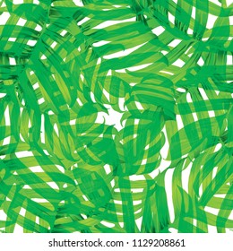 Palm Monstera Seamless Pattern. White Green Tropical Summer Background. Beach Jungle Leaves for Swimwear Design. Lei Rapport. Retro Hawaiian Print. Tropic Textile Texture.  Botanic tile.