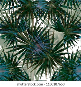 Palm Monstera Seamless Pattern. White Green Tropical Summer Background. Beach Jungle Leaves for Swimwear Design. Lei Rapport. Vintage Hawaiian Print. Exotic Texture. Botanic tile.