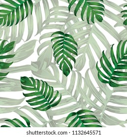 Palm Monstera Seamless Pattern. White Green Tropical Summer Background. Beach Jungle Leaves for Swimwear Design. Lei Rapport. Vintage Hawaiian Print. Tropic Textile Texture.  Botanic tiling.