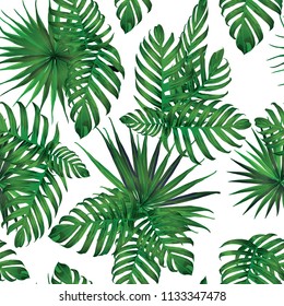 Palm Monstera Seamless Pattern. White Green Tropical Summer Background. Beach Jungle Leaves for Swimwear Design. Lei Rapport. Retro Hawaiian Print. Exotic Texture. Botanic tile.