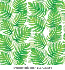 Palm Monstera Seamless Pattern. White Green Tropical Summer Background. Beach Jungle Leaves for Swimwear Design. Lei Rapport. Vintage Hawaiian Print. Exotic Texture. Botanic tile.