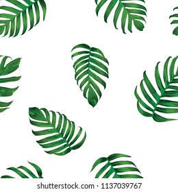 Palm Monstera Seamless Pattern. White Green Tropical Summer Background. Beach Jungle Leaves for Swimwear Design. Lei Rapport. Retro Hawaiian Print. Exotic Texture. Botanic tiling.