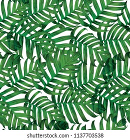 Palm Monstera Seamless Pattern. White Green Tropical Summer Background. Beach Jungle Leaves for Swimwear Design. Lei Rapport. Retro Hawaiian Print. Tropic Textile Texture.  Botanic tiling.
