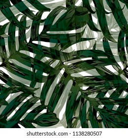 Palm Monstera Seamless Pattern. White Green Tropical Summer Background. Beach Jungle Leaves for Swimwear Design. Lei Rapport. Retro Hawaiian Print. Tropic Textile Texture.  Botanic tiling.