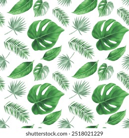 Palm Monstera nahtloses Muster. Weißer tropischer Sommerhintergrund. Strand Jungle Leaves für Badebekleidung Design. Lei Rapport. Retro Hawaiian Print. Exotische Textur. Botanische Fliesen.