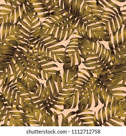 Palm Monstera Seamless Pattern. Yellow Tropical Summer Background. Beach Jungle Leaves for Swimwear Design. Lei Rapport. Vintage Hawaiian Print. Exotic Texture. Botanic tiling.