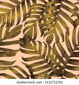 Palm Monstera Seamless Pattern. Yellow Tropical Summer Background. Beach Jungle Leaves for Swimwear Design. Lei Rapport. Retro Hawaiian Print. Exotic Texture. Botanic tile.