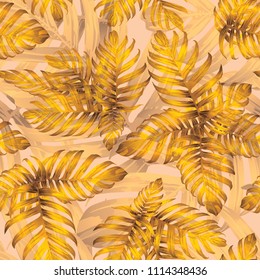 Palm Monstera Seamless Pattern. Yellow Tropical Summer Background. Beach Jungle Leaves for Swimwear Design. Vintage Hawaiian Print. Tropic Textile Texture.  Botanic tile.