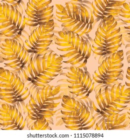 Palm Monstera Seamless Pattern. Yellow Tropical Summer Background. Beach Jungle Leaves for Swimwear Design. Lei Rapport. Vintage Hawaiian Print. Exotic Texture. Botanic tiling.