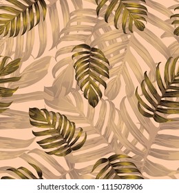 Palm Monstera Seamless Pattern. Yellow Tropical Summer Background. Beach Jungle Leaves for Swimwear Design. Lei Rapport. Vintage Hawaiian Print. Exotic Texture. Botanic tile.