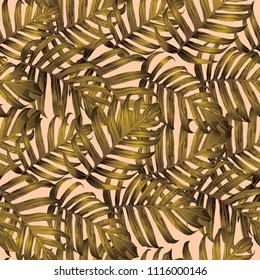 Palm Monstera Seamless Pattern. Yellow Tropical Summer Background. Beach Jungle Leaves for Swimwear Design. Lei Rapport. Vintage Hawaiian Print. Tropic Textile Texture.  Botanic tile.