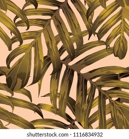Palm Monstera Seamless Pattern. Yellow Tropical Summer Background. Beach Jungle Leaves for Swimwear Design. Lei Rapport. Retro Hawaiian Print. Exotic Texture. Botanic tile.