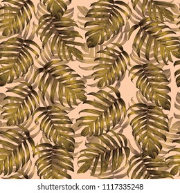 Palm Monstera Seamless Pattern. Yellow Tropical Summer Background. Beach Jungle Leaves for Swimwear Design. Lei Rapport. Retro Hawaiian Print. Exotic Texture. Botanic tiling.