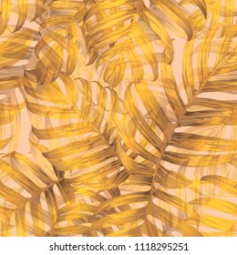 Palm Monstera Seamless Pattern. Yellow Tropical Summer Background. Beach Jungle Leaves for Swimwear Design. Lei Rapport. Retro Hawaiian Print. Tropic Textile Texture.  Botanic tiling.