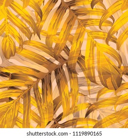 Palm Monstera Seamless Pattern. Yellow Tropical Summer Background. Beach Jungle Leaves for Swimwear Design. Lei Rapport. Retro Hawaiian Print. Exotic Texture. Botanic tile.