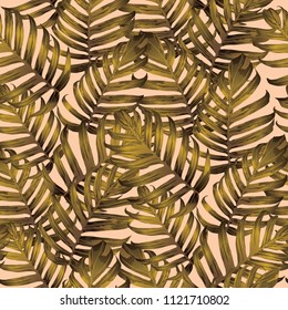 Palm Monstera Seamless Pattern. Yellow Tropical Summer Background. Beach Jungle Leaves for Swimwear Design. Vintage Hawaiian Print. Tropic Textile Texture.  Botanic tile.