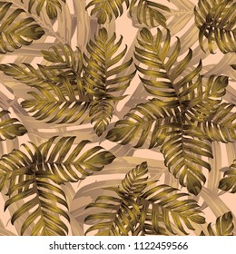 Palm Monstera Seamless Pattern. Yellow Tropical Summer Background. Beach Jungle Leaves for Swimwear Design. Lei Rapport. Vintage Hawaiian Print. Tropic Textile Texture.  Botanic tiling.