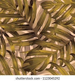Palm Monstera Seamless Pattern. Yellow Tropical Summer Background. Beach Jungle Leaves for Swimwear Design. Lei Rapport. Retro Hawaiian Print. Exotic Texture. Botanic tiling.