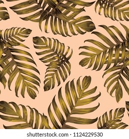 Palm Monstera Seamless Pattern. Yellow Tropical Summer Background. Beach Jungle Leaves for Swimwear Design. Retro Hawaiian Print. Exotic Texture. Botanic tiling.
