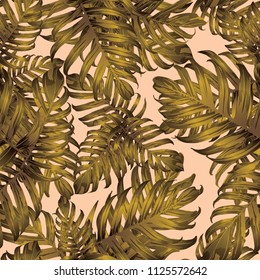 Palm Monstera Seamless Pattern. Yellow Tropical Summer Background. Beach Jungle Leaves for Swimwear Design. Lei Rapport. Vintage Hawaiian Print. Exotic Texture. Botanic tiling.