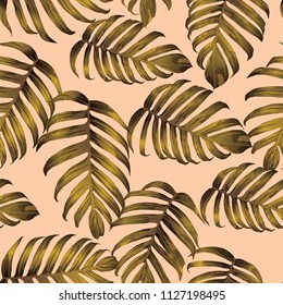 Palm Monstera Seamless Pattern. Yellow Tropical Summer Background. Beach Jungle Leaves for Swimwear Design. Lei Rapport. Retro Hawaiian Print. Exotic Texture. Botanic tile.