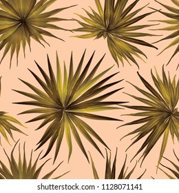 Palm Monstera Seamless Pattern. Yellow Tropical Summer Background. Beach Jungle Leaves for Swimwear Design. Lei Rapport. Vintage Hawaiian Print. Exotic Texture. Botanic tile.