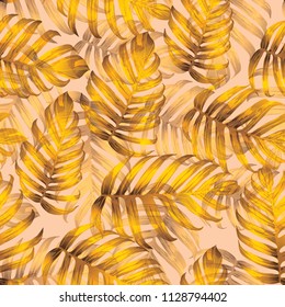 Palm Monstera Seamless Pattern. Yellow Tropical Summer Background. Beach Jungle Leaves for Swimwear Design. Lei Rapport. Retro Hawaiian Print. Tropic Textile Texture.  Botanic tile.