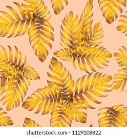 Palm Monstera Seamless Pattern. Yellow Tropical Summer Background. Beach Jungle Leaves for Swimwear Design. Lei Rapport. Retro Hawaiian Print. Exotic Texture. Botanic tiling.