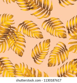 Palm Monstera Seamless Pattern. Yellow Tropical Summer Background. Beach Jungle Leaves for Swimwear Design. Lei Rapport. Retro Hawaiian Print. Exotic Texture. Botanic tile.