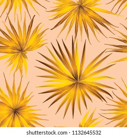 Palm Monstera Seamless Pattern. Yellow Tropical Summer Background. Beach Jungle Leaves for Swimwear Design. Lei Rapport. Vintage Hawaiian Print. Tropic Textile Texture.  Botanic tile.