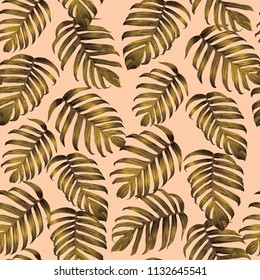 Palm Monstera Seamless Pattern. Yellow Tropical Summer Background. Beach Jungle Leaves for Swimwear Design. Lei Rapport. Vintage Hawaiian Print. Tropic Textile Texture.  Botanic tile.