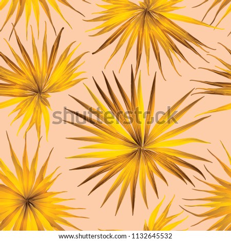 Palm Monstera Seamless Pattern. Yellow Tropical Summer Background. Beach Jungle Leaves for Swimwear Design. Lei Rapport. Vintage Hawaiian Print. Tropic Textile Texture.  Botanic tile.