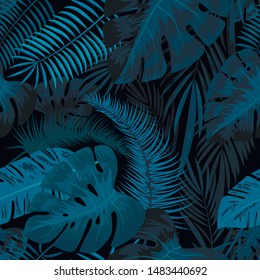 Palm Monstera tropical seamless pattern.Night Summer Background.