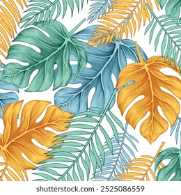 Palm and monsters leaves. Seamless watercolor pattern.
