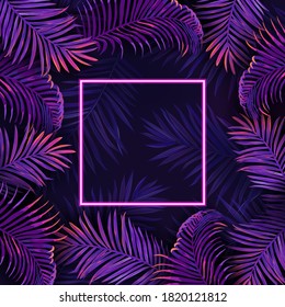 Palm neon leaves poster, vector tropic vibrant purple design illustration, jungle summer disco party frame, bright glow floral tropical template with text, exotic invitation card