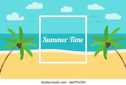 palm not the beach, Hello summer banner and square frame, flat vector illustration