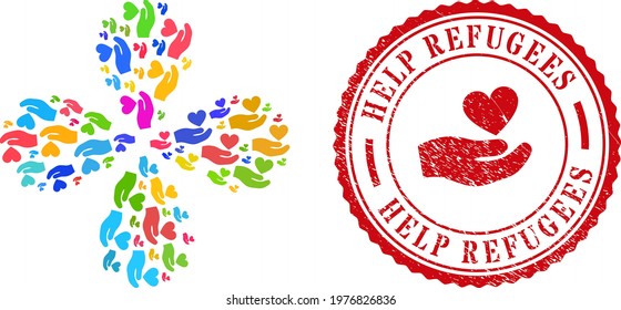 Palm offer love heart multicolored centrifugal abstract flower, and red round HELP REFUGEES rough stamp seal. Palm offer love heart symbol inside round seal.