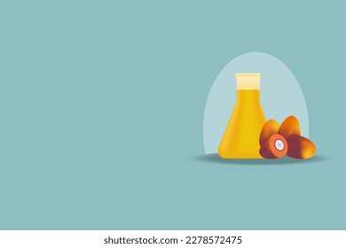 Palm oil in a bottle and palm fruit on transparent podium with copy space