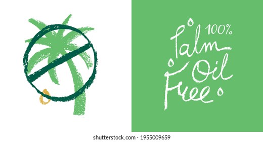 Palm oil free icon in trendy hand drawn style. Palm oil-free drawn isolated sign. Healthy lettering emblem of palm oil free. Black and white palm oil-free vector logo for Healthy food products.