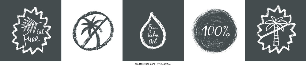 Palm oil free icon in trendy hand drawn style. Palm oil-free drawn isolated sign. Healthy lettering emblem of palm oil free. Black and white palm oil-free vector logo for Healthy food products.