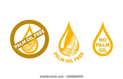 Palm oil free icon. Vector contains no oil palm logo label for healthy food or cosmetic product package. Gold oil drop with palm leaf design element