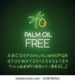 Palm oil free neon light icon. Food without saturated fats. Product free ingredient. Meals for personal healthcare. Glowing sign with alphabet, numbers and symbols. Vector isolated illustration