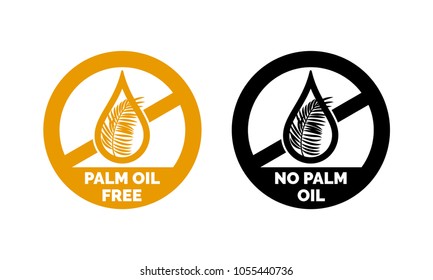 Palm oil free and no palm oil logo icon. Vector logo label for healthy food or cosmetic product package. Gold and black oil drop with palm leaf design element