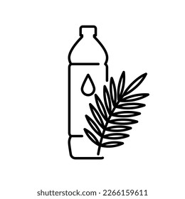 Palm oil, icon. Organic oil from extracted from the fruit pulp of the oil palm. Composition with a palm leaf and plastic bottle. Flat illustration, thin editable strokes