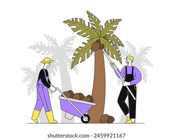 Palm oil producing simple. Two men near palm tree with coconuts. Natural and organic products for healthy diet and eating with vitamins. Doodle flat vector illustration isolated on white background